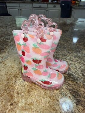 Western Chief Pink Strawberry Print Kids Rain Boots